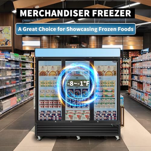Image of mikibama Glass Door Merchandiser Freezer, 70 Cu.ft Swing Door Commercial Reach-In Display Refrigerator with LED Top Panel Upright Freeze Storage, Three Cabinets, Black