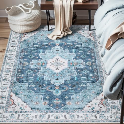 SERISSA Area Rug 3x5 Boho Blue Rugs for Bedroom, Washable Kitchen Rugs Non-Slip, Ultra Soft Print Distressed Vintage Entry Rug Low-Pile Throw Rug Carpet for Bedroom Nursery Living Room Dorm Decor