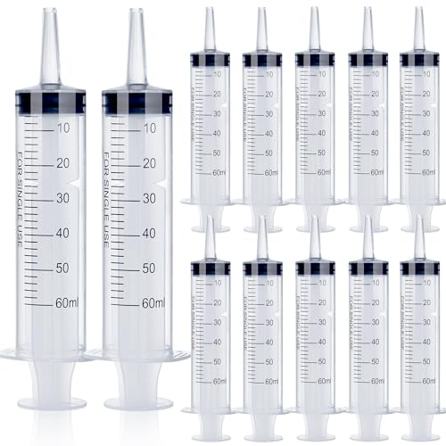 12pack 60ml syringe for liquid - large plastic syringes without needle for jello food thick liquids and irrigation water lip gloss filling feeding dogs meds measuring  12 pack 60 ml  cc