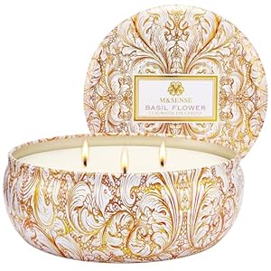 M&SENSE Basil Flower Scented Candles, Large 3 Wick Soy Tin Candle, Over 40 Hour Burning Time, 100% Natural Vegan Wax, Relaxing Aromatherapy Aesthetic Candle Gift for Women and Men