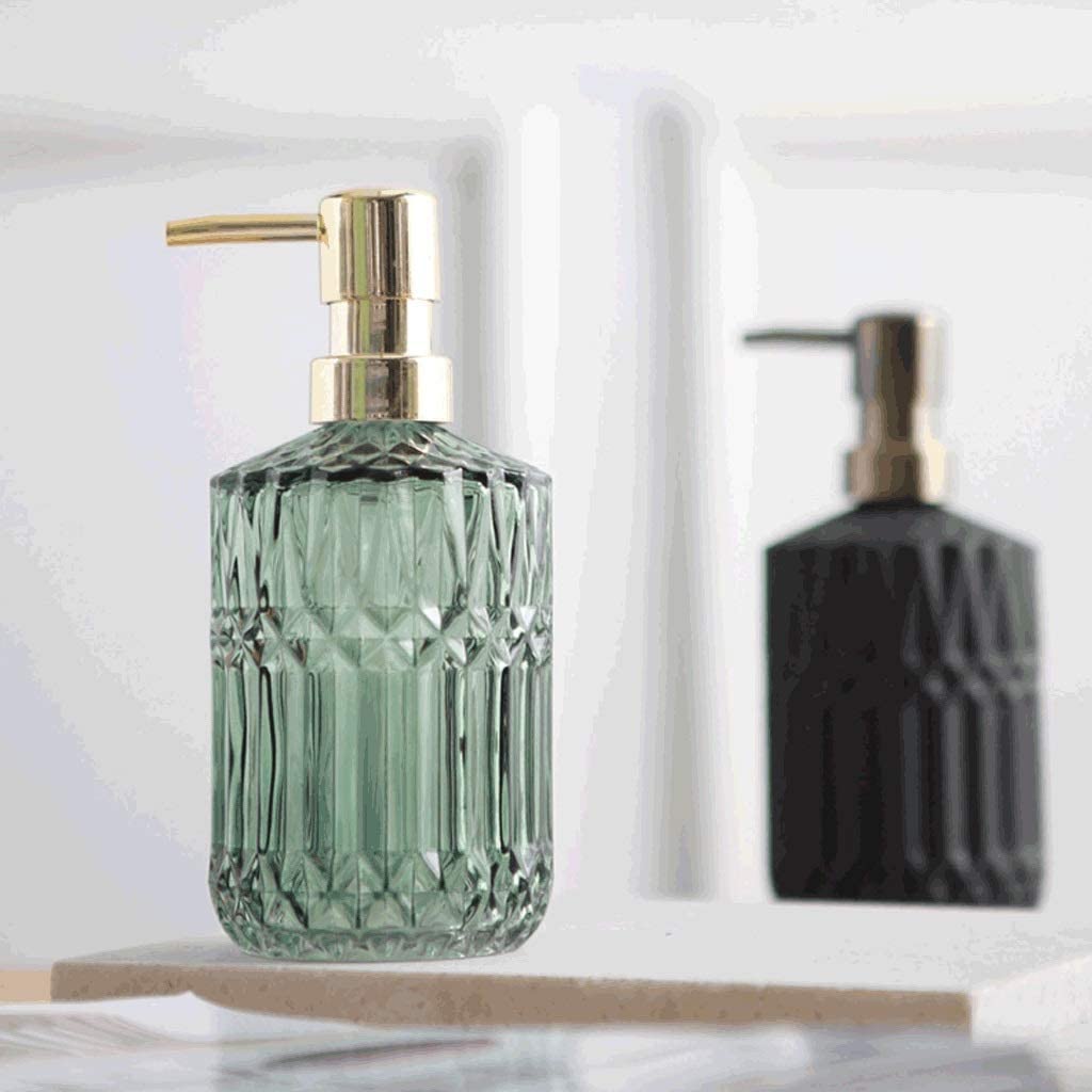 Distributore di sapone ricaricabile da 14,1 once, distributore di sapone in vetro, distributore di lozioni da cucina, distributore di sapone verde per il bagno con pompa per lozione a forma cilindrica