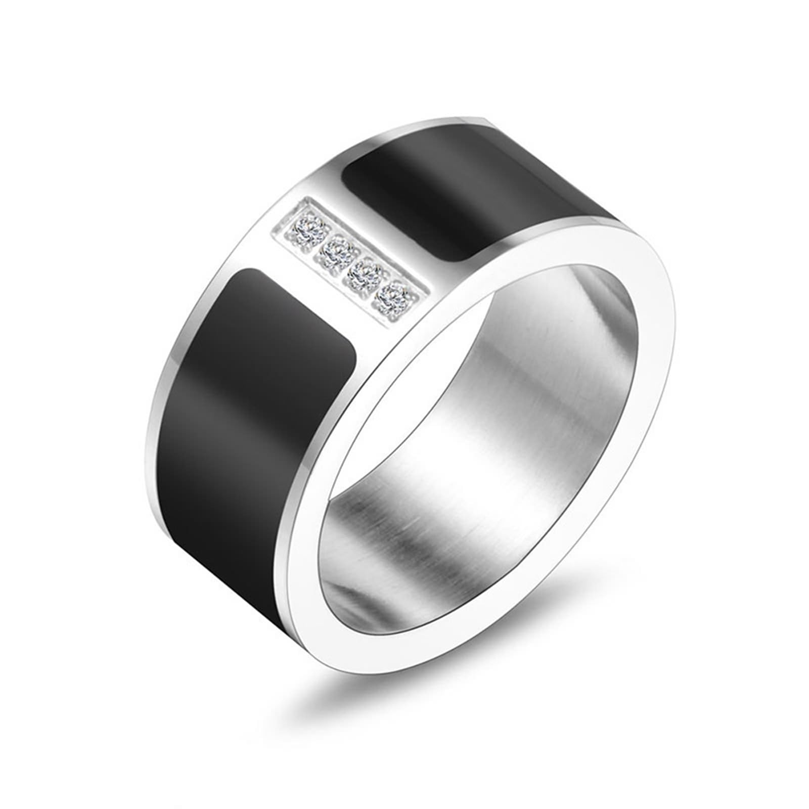 Skcess Anillos de acero inoxidable para hombre, anillos para hombre, plata y negro, 9 mm de ancho con circonitas, anillos para hombre y hombre, talla 65 (20,7), Acero inoxidable