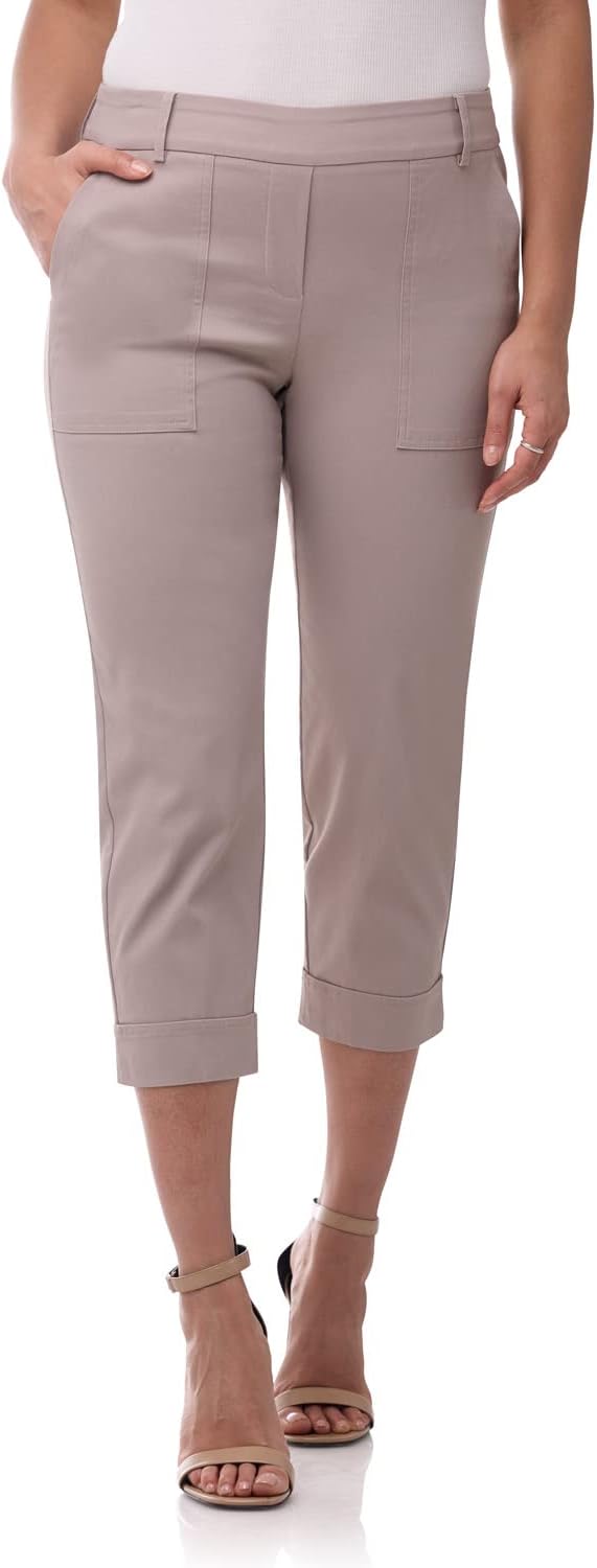 Rekucci Women’s EcoCosy Pull-On Cargo Crop Pants – Mid-Rise Stretch Fit with Pockets & Cuffed Hem for Daily Comfort