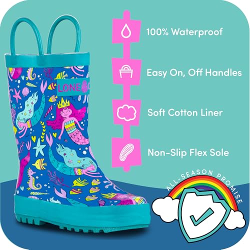 LONECONE Rain Boots with Easy-On Handles in Fun Patterns for Boys and Girls, Play-Proof Flexible Rubber, Durable Non-Slip Treads, Kid-Friendly for Hours of Joy - Bootiful Mermaids, 4 Big Kid