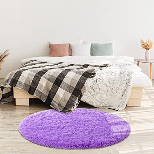 Yj.gwl Fluffy Round Rug Nursery Rug, Purple Circle Rug Kids Rug For Playroom, Fuzzy Rug Circular Carpet For Bedroom Living Room, Shaggy Rug For Cute Room Decor For Baby Teen Girls, 4 X 4 Feet #TOP2