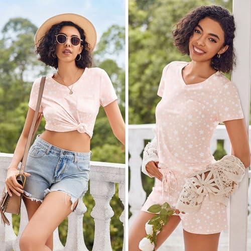 Image of Ekouaer Womens Pajama Sets Short Sleeve Pajamas for Women Sets Soft Lounge Sets Casual V Neck Sleepwear PJS