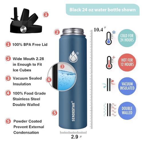 Image of Insulated Water Bottle 24 oz with Straw, Stainless Steel Wide Mouth Water Bottle, Double Wall Vacuum Leak Proof with Straw Lid & Spout Lid for Sports or Office, Keep Cold or Hot Up to 24 Hrs