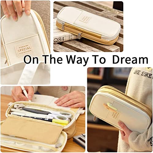 Image of FineMoe Large Pencil Case Stationery Items for Girls and Boys, Canvas Bags Pen Pencil Pouch for School College and Office, Organize Makeup Cosmetic, Aesthetic Cute Stationary Box for Daily Use (Brown)