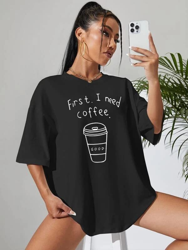 Image of MyTees Pure Cotton Oversized T Shirts for Women Casual Printed Baggy Oversized Round Neck Drop Shoulder Tshirt Black T-Shirt Size S to XL