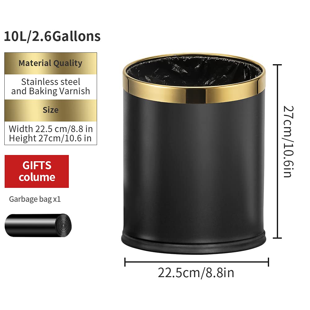LEASYLIFE 2.6Gallon/10L，Open top Trash can，Wastebasket，Small Garbage can，grabage bin for Hotel，Office，Store，Metal Trash bin Without lid (Black(Gold Circle)): Industrial & Scientific