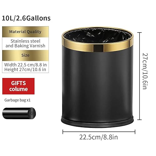 Miniatura 3 de Bote de basura de tapa abierta negro y dorado de 10L2.6GAL - Cubo de basura de metal sin tapa para oficina, hotel, tienda, restaurante
