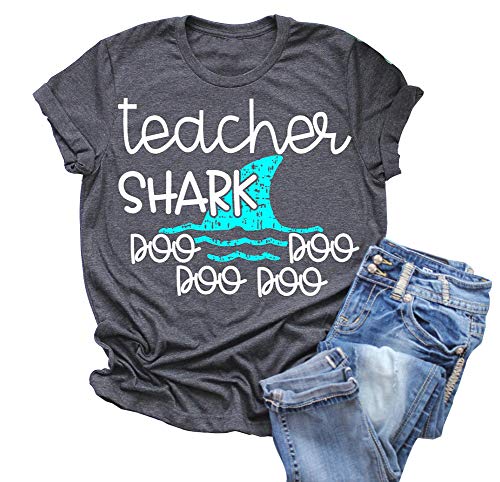 Anbech Womens Teacher Shark doo doo Shirt Short Sleeve Funny Graphics Blouse Tops (S, Gray)