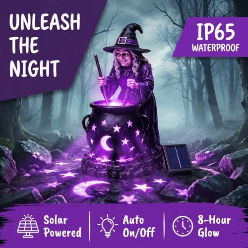 BomKra Solar Witch & Glowing Cauldron Halloween Garden Light, Garden Statue Light,Outdoor Resin Witch Figurine Holiday Decorations for Outdoor Yard, Lawn, Patio, Porch and Halloween Party - 4
