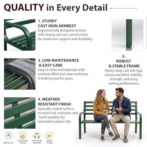 Image of BRISHI 2 Seater Metal Garden Bench for Indoor & Outdoor Park /Patio /Living Room /Terrace /Balcony (Green)