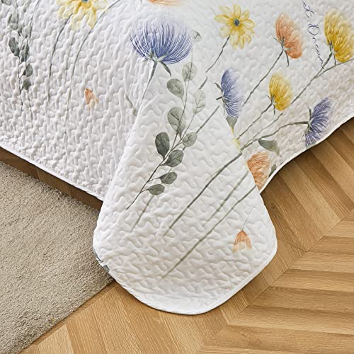 Dinjoy 3 Pieces Blue Floral Quilt Set Queen White Floral Coverlet Sets Lightweight Blue Flower Bedspread Microfiber With Pillowcases For Girls Women (Queen,90×90 Inches) #TOP7