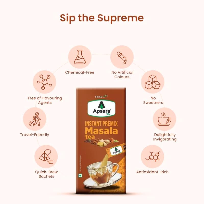 Image of APSARA Instant Tea Premix Masala Chai 10 Sachets | Ready To Drink, Masala Tea Powder | Masala Chai Enriched With 100% Natural Ingredients - Ginger, Cardamom, Black Peper, Clove, Cinnamon and Nutmeg