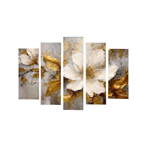 AREDE Set di 5 Stampe da Parete Quadri Moderni Decorazioni da Muro per Casa Soggiorno Camera da Letto e Cucina Bellissimo fiore bianco e oro| 120 x 80 cm | Pronto da appendere