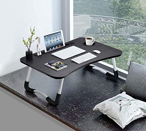 Image of Slendor Foldable Lap Desk with Cup Holder for Bed, Couch, Floor | Portable,with USB Light, Fan, Pen Holder,Tablet Holder,for Laptop,Writing,Eating, Black