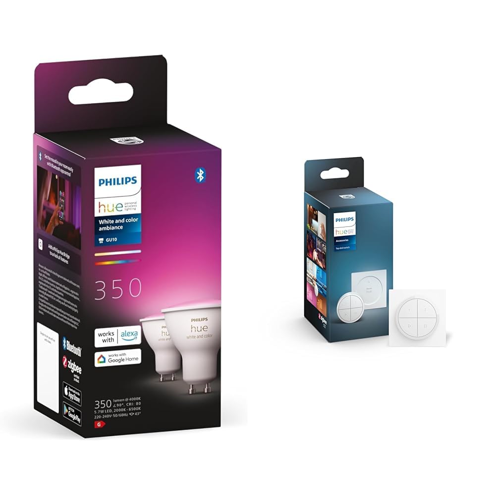 Philips Hue Philips Hue White and Colour Ambiance Smart Light 2 Pack [GU10 Spot] with Bluetooth. Works & Tap Dial Switch [White] Easy Smart Lighting Control. Indoor Home Lighting Automation