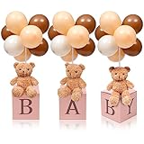 Lenwen 3 Sets Bear Baby Shower Decorations Baby Letter Boxes Baby Shower Table Centerpieces Bear Stuffed Animals Balloon with 3 Stand 3 Brown Bear Plush Toy 3 Baby Boxes for Birthday Party Wedding
