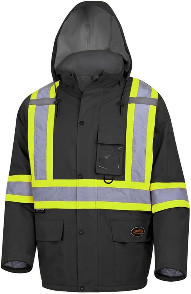 Pioneer Waterproof CSA High-Visibility Winter Safety Parka, 28º C Insulation, Multi-Pockets & Lightweight, Black, M, V1150170-M