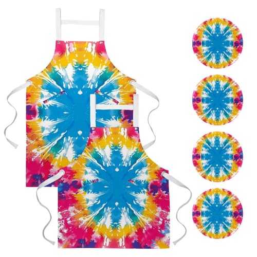 Tablier de cuisine en lin lot de 2 réglable homme femme imprimé tie-dye coloré