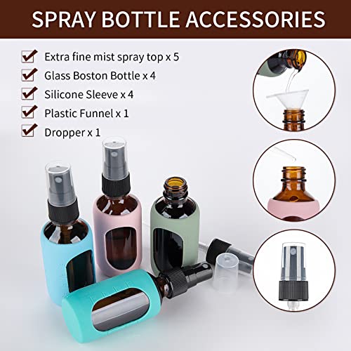 HOMBYS Empty Amber Glass 2oz Small Spray Bottles with Silicone Sleeve Protection - Refillable Containers for Travel, Cleaning Solutions, Essential Oils, Sanitizers - Fine Mist Spray - 4 Pack-Amber3