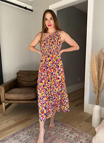 Btfbm Women One Shoulder Sleeveless Casual Summer Dresses 2023 Smocked High Waist Floral Flowy Beach Boho Maxi Dress(Floral White Purple, Large) #TOP3