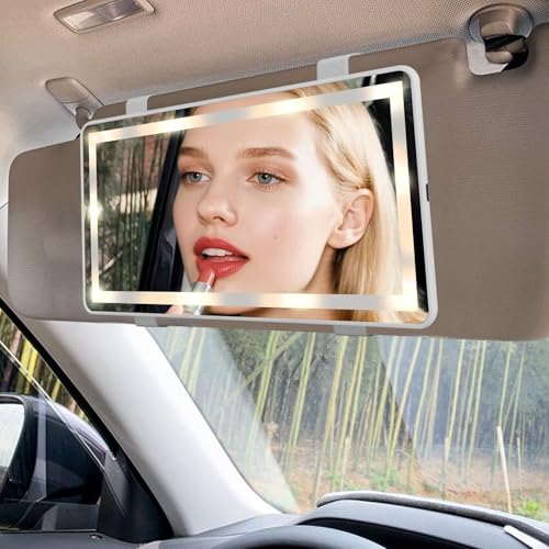 Feisate Car Vanity Mirror with Rechargeable Led Lights- 3 Light Modes & Dimmable Touch Screen- Sun Visor Vanity Mirror for Truck- Girly Passenger Side Car Accessories for Women & Girl Interior- White