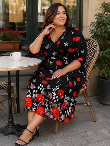 Image of PinkPatty Women's Plus Size Maxi Dress Print 3 /4 Sleeves V Neck Party Sundress Wedding Guest Dresses
