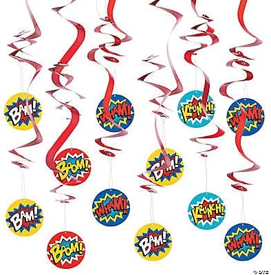 Fun Express - Superhero Dangling Swirls for Birthday - Party Decor - Hanging Decor - Spirals & Swirls - Birthday - 12 Pieces
