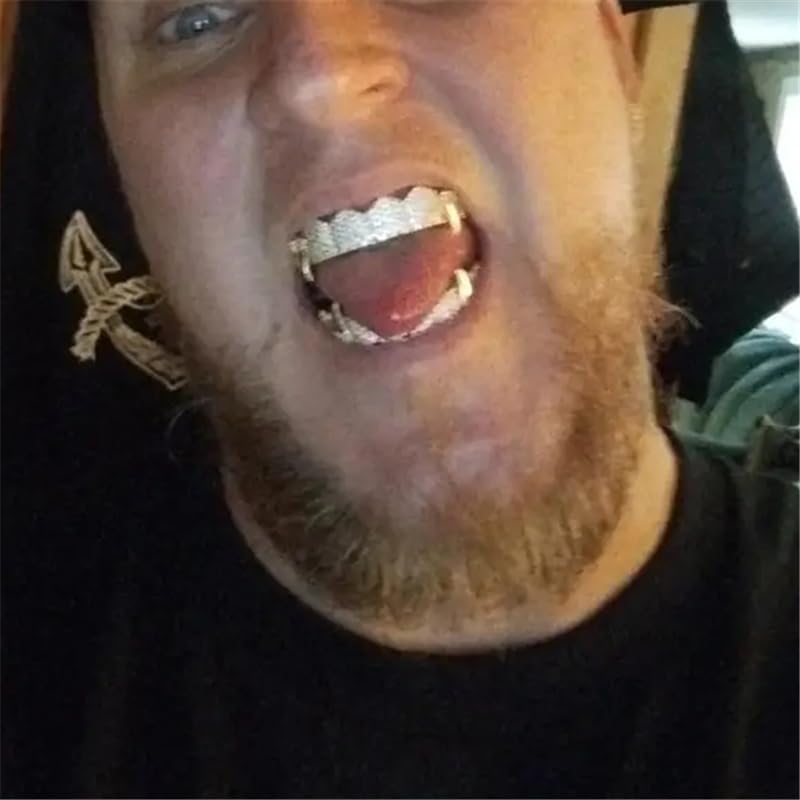 Grills street Hip Hop personality Gold Shiny Copper gold-plated teeth Grillz Vampire fangs Grills Daily wear Halloween and Party Unisex - Comes With Tweezer & Dental Wax2