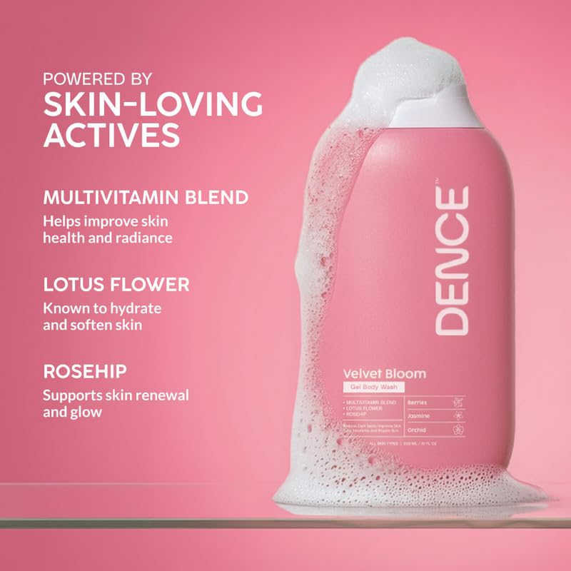 Image of DENCE Velvet Bloom Gel Bodywash | Niacinamide and Multivitamin Blend for Dark Spot Care, Nourished Skin & Deep Hydration | Sulphate & Paraben Free | Berries, Jasmine & Orchid Fragrance | 300 ml
