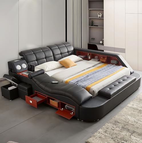 Multifunction Smart King Bed Frame, Luxury Upholstered Platform...