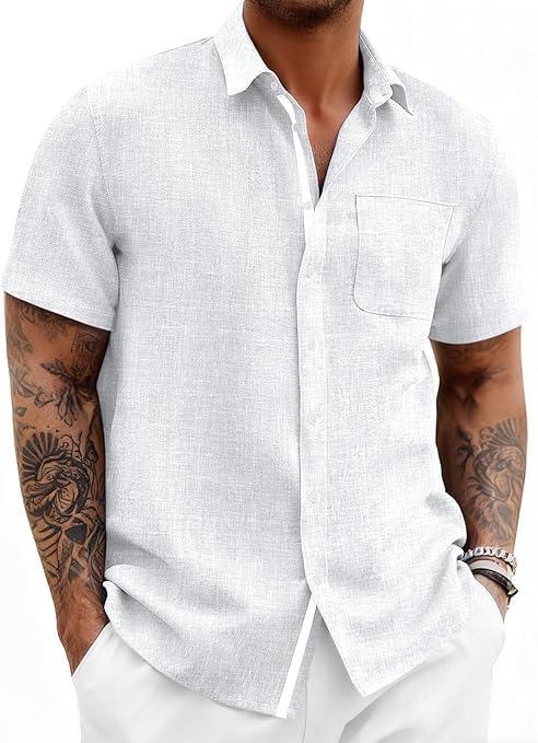 Runcati Men's Casual Short Sleeve Linen Shirt