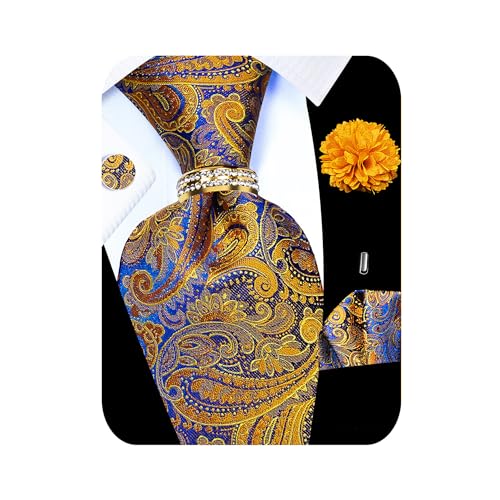 Image of 5PCS Tie and Pocket Square for Men, Silk Necktie and Handkerchief Cufflinks with Gold Ring and Lapel Pin Set