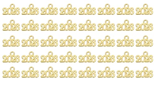 Shapenty Mini 2026 Charms Metal Year Signet 2026 DIY Pendant Charm Accessory Bulk for Bracelet Necklace Earring Keychain Craft Jewelry Making Christmas Graduation Party Decor 40PCS (Gold)