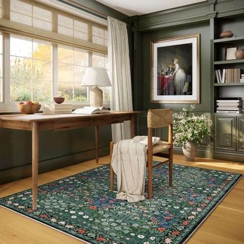 Image of Dark Green 4x6 Washable Area Rug, Ultra Soft Non-Slip Stain Resistant, Floral Distressed Design for Living Room, Bedroom, Large Entryway & Kitchen