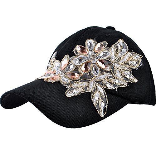 Elonmo Lace Flower Bling Rhinestone Hat, Womens Baseball Cap With Crystal Rhinestone Golf Sun Hats Jeans Wash Denim Adjustable (Flower-Black) #TOP1
