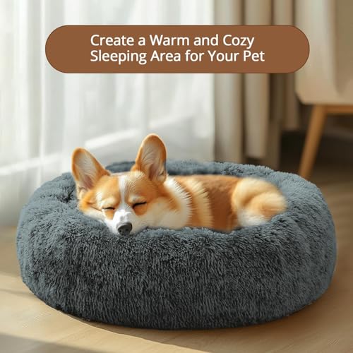 Image of JOLLYVOGUE Calming Dog Bed Medium Size Dog, Anti-Anxiety Donut Medium Pet Bed, 27 inches Fluffy Faux Fur Round Cat Bed (Navy Grey)