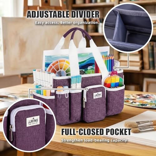Image of JJRING Foldable Craft Organizer Tote With Zipper & Divider, Purple | Portable Art Storage Caddy Bag For Scrapbooking, Sewing, Artist & Home