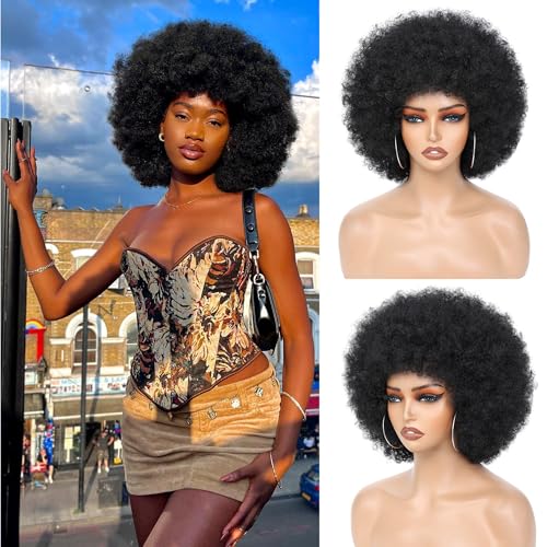 Nescorner Afro Wigs for Black Women 70s Afro Kinky Curly Wig with Bangs Bouncy Fluffy Puff Wigs Synthetic Hair for Cosplay Daily and Party (Black)