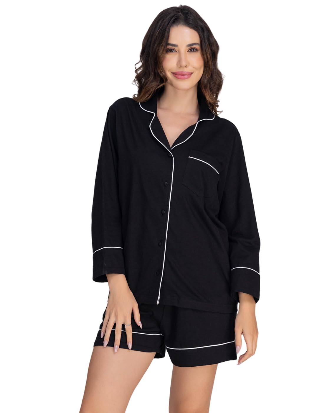 moomaya Women's Cotton Jersey Nightwear Set - Soft, Button-Down Shirt & Shorts Sleepwear-picture-40
