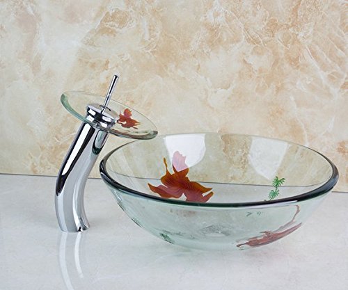 Lavabo pour robinets avec verre trempé doré ultra résistant et mitigeur chrome anti-calcaire
