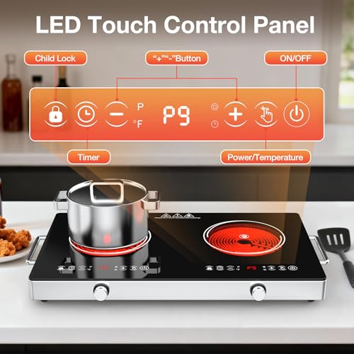 Image of 2 Burner Electric Cooktop 110V, 4000W Portable Electric Stove Infrared Hot Plate, 24 inch Countertop Burners with Handle, 3-Hours Timing Setting & Kid Safety Lock, Compatible for All Cookwares