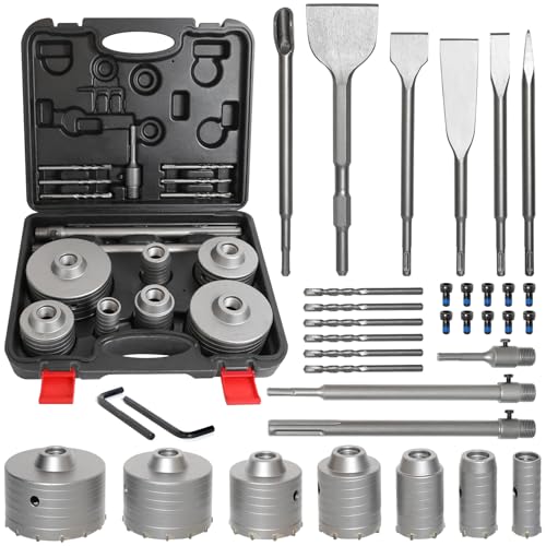 ATOLS 34PCS Concrete Hole Saw Kit Masonry Concrete Drill Bit Set Chisel Set with SDS Plus & Max Shanks Wall Hole Saw Drill Bit for Brick Stone Cement Wall Kit Size 30 40 50 65 80 100 110MM