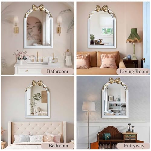 Image of 36x24 Arched White Bow Wall Mirror with Gold Ribbon, Vintage Vanity Mirror for Bedroom & Nursery Decor, Cute Coquette Aesthetic Engineered Wood Frame, Shabby Chic Style