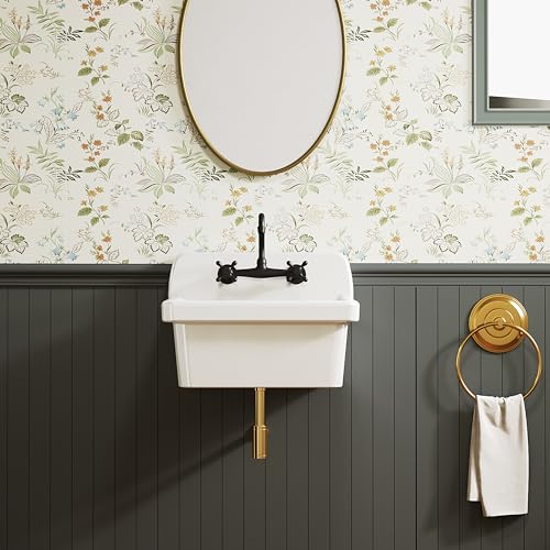 ELLAI Wall Mount Utility Sink Wall Mounted Laundry Tub Ceramic Farm Style High Back Farmhouse Sink White 24' x 19' x 16.5' with 8 Inch Center Faucet Matte Black