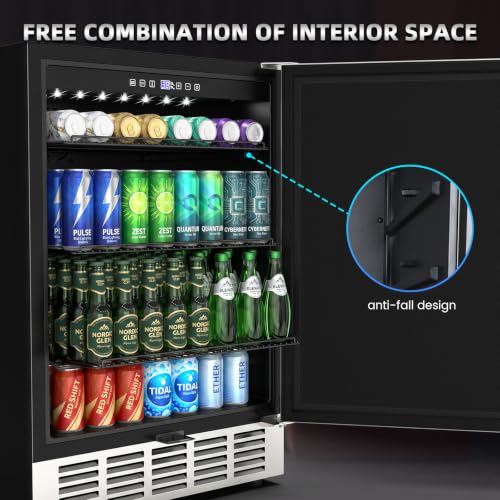 Image of Mojgar 24 Inch Beverage Refrigerator, Under Counter Beverage Fridge for 190 Cans, Indoor & Outdoor Under Counter Refrigerator | Built-in & Freestanding | Low Noise, Stainless Steel Door
