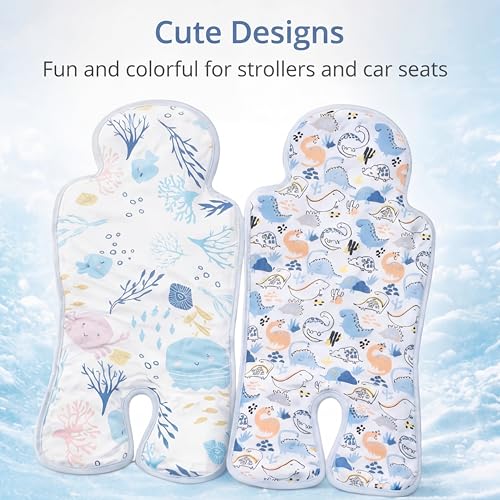 Image of Pinkunn 2 Pcs Gel Car Seat Cooling Pad for Baby Summer Breathable Ice Cushion Multifunctional Ice Stroller Cooler Mat for Stroller Baby Dining Chair Child Safety Seat(Vibrant Color,Dinosaur, Sea)